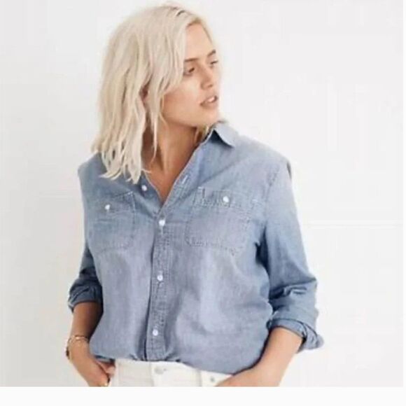 MADEWELL Chambray Classic Boyfriend Button Down Shirt Size Small - Picture 1 of 10